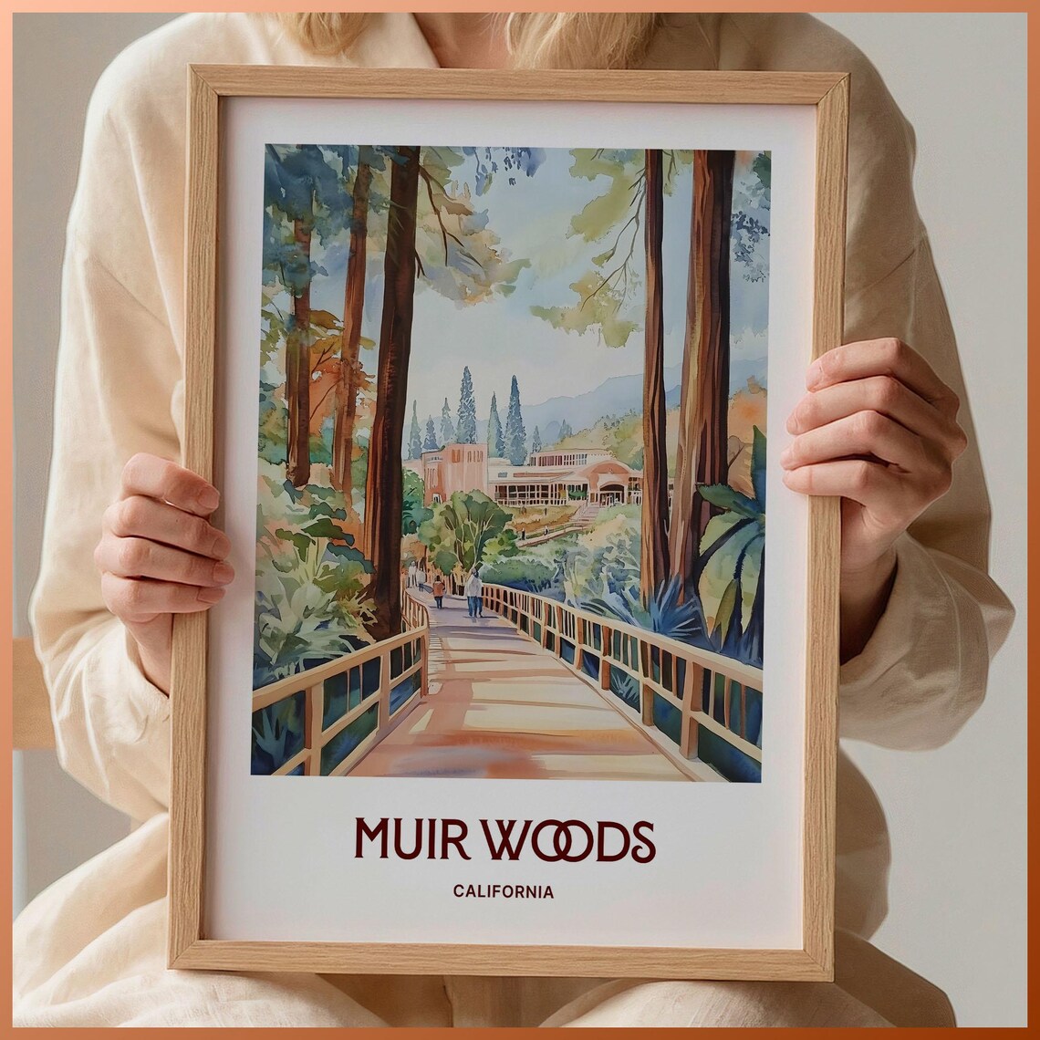 Muir Woods California Watercolor Redwood Forest Bridge Travel Poster