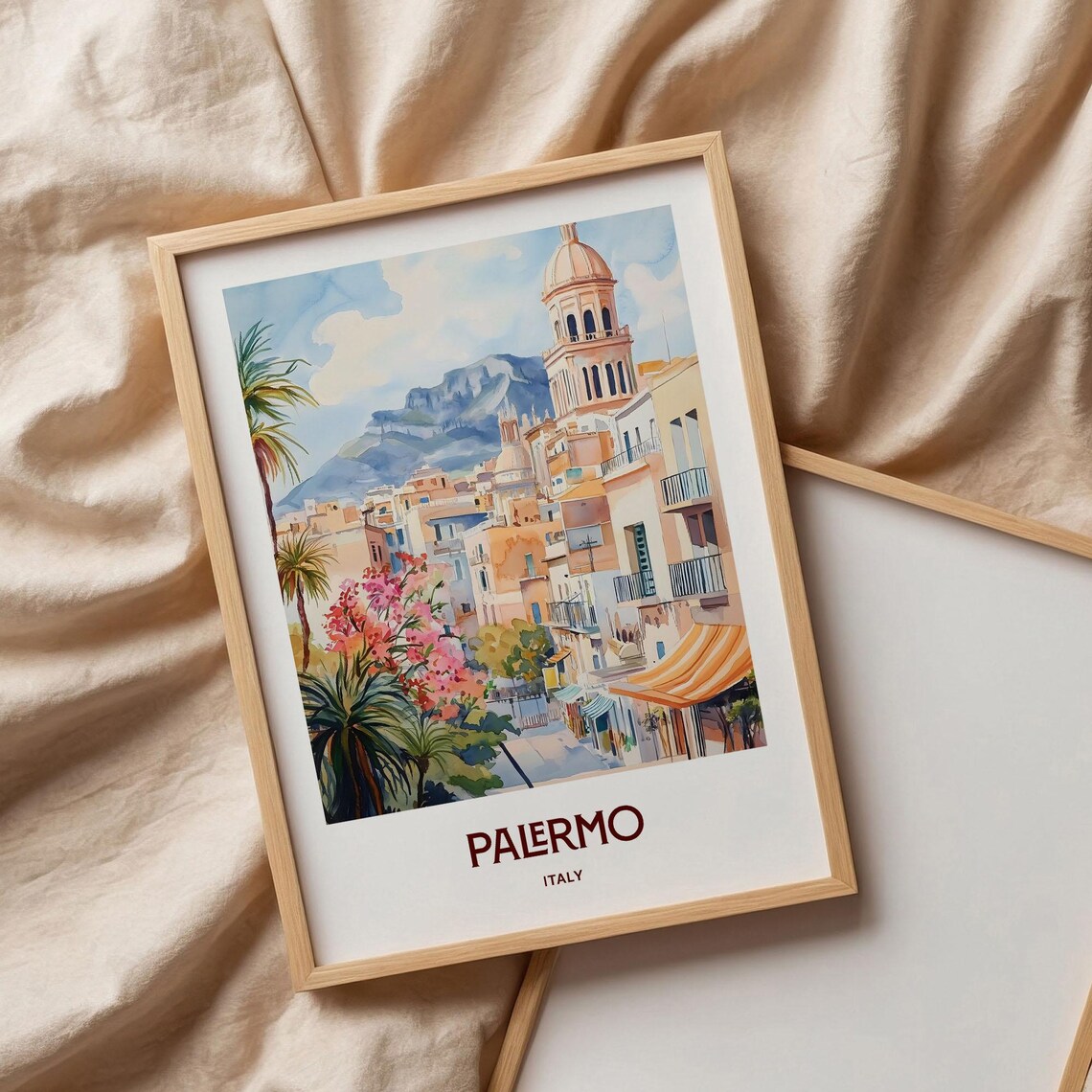Palermo Italy Domed Street Palms Mountain Watercolor Travel Poster - Image 3