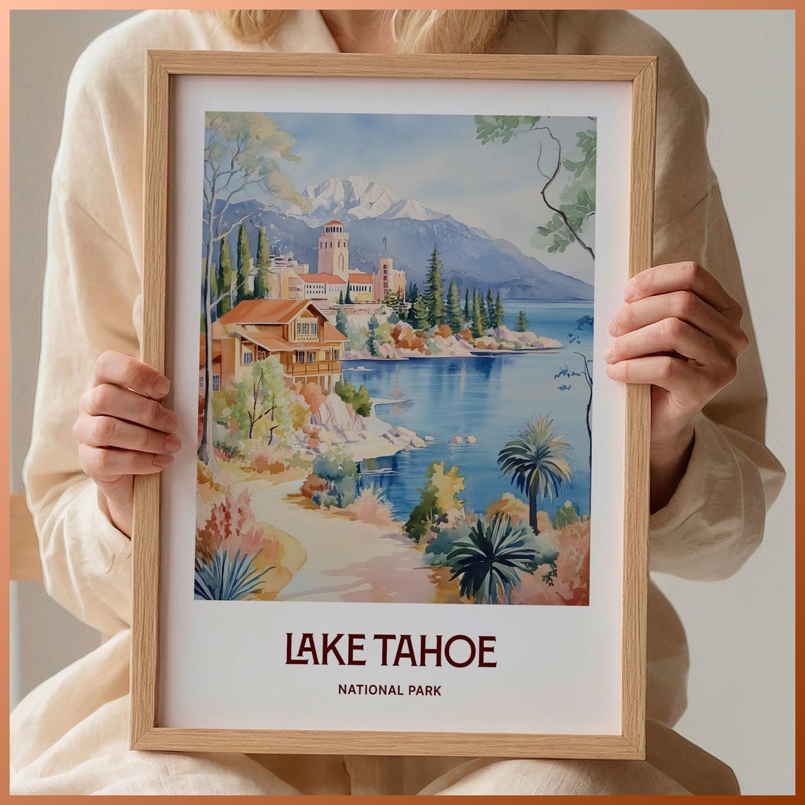Serene Lake Tahoe Lakeside Lodge Mountain Watercolor Travel Poster
