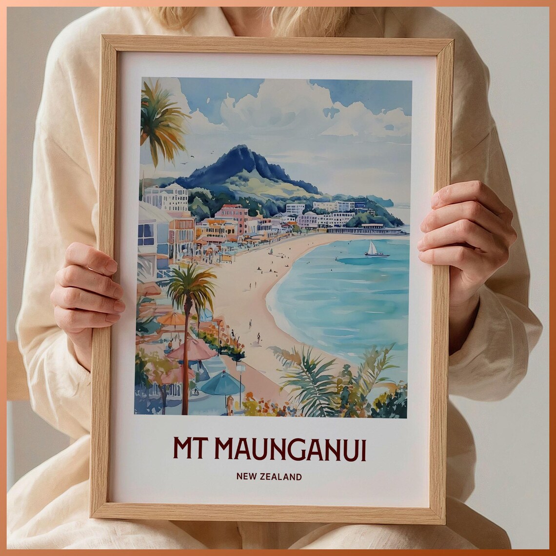 Mount Maunganui New Zealand Beachfront Palms Watercolor Travel Poster