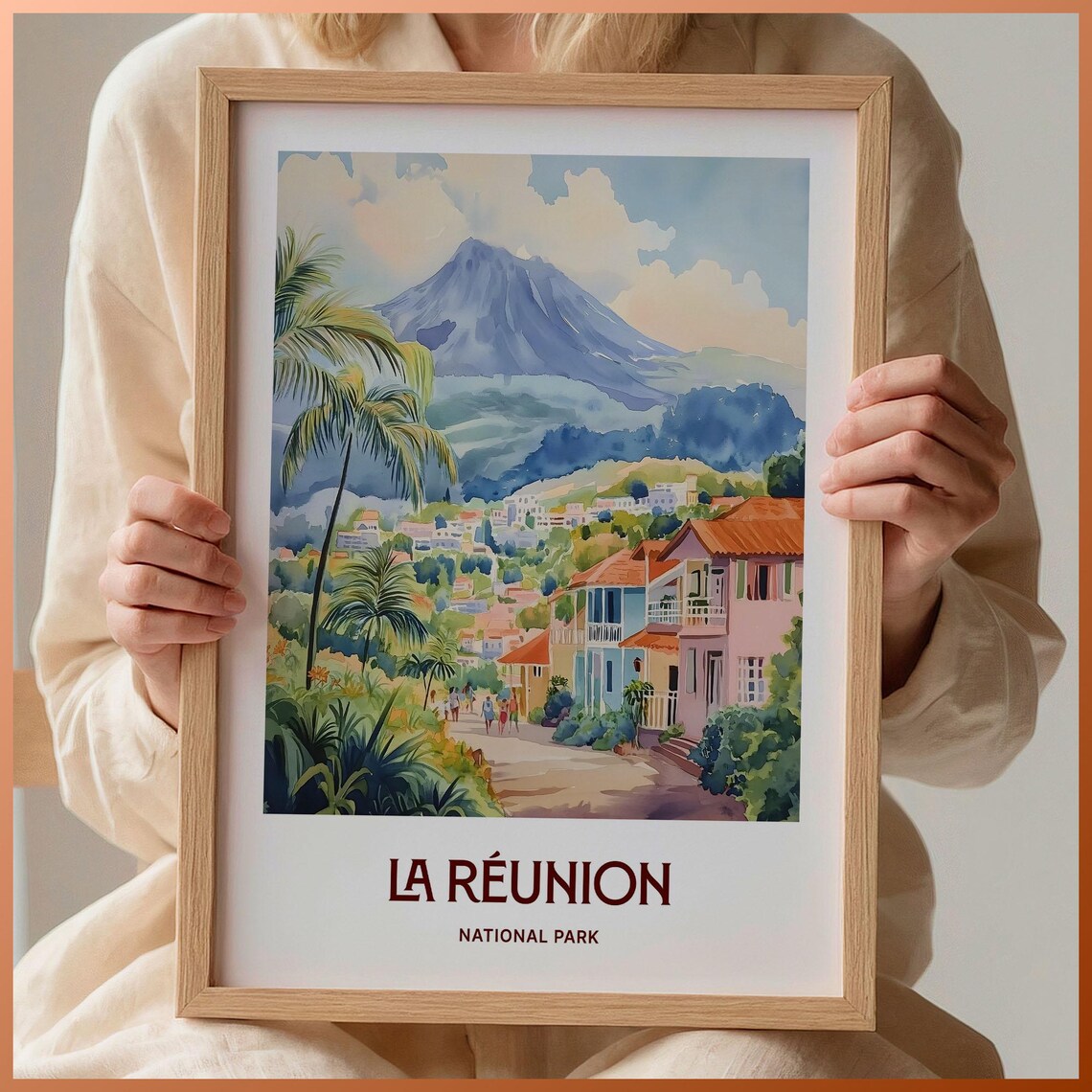 La Reunion National Park Volcano Village Watercolor Island Poster