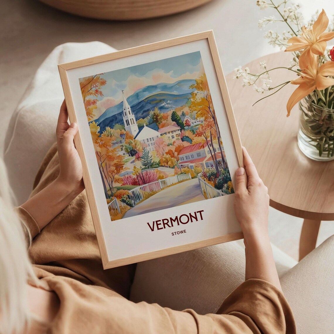 Vermont Stowe Watercolor Fall Foliage White Church Mountain Town Poster - Image 5