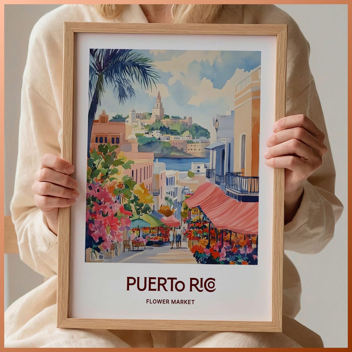 Puerto Rico Flower Market Street Watercolor Poster Island Style