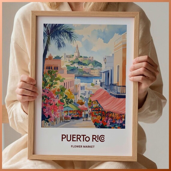 Puerto Rico Flower Market Street Watercolor Poster Island Style