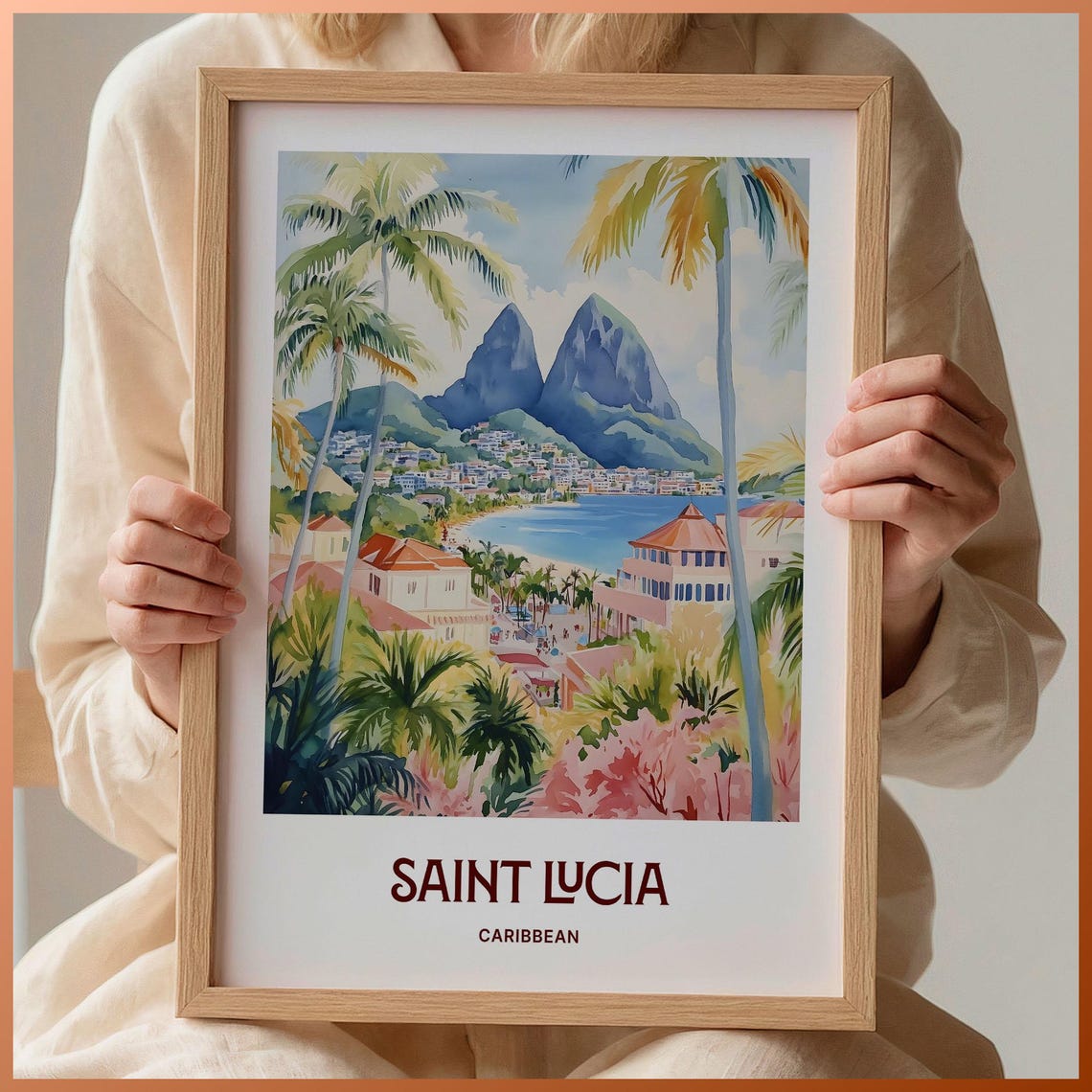 Saint Lucia Caribbean Pitons Beach Palms Watercolor Travel Poster