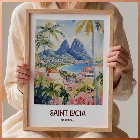Saint Lucia Caribbean Pitons Beach Palms Watercolor Travel Poster