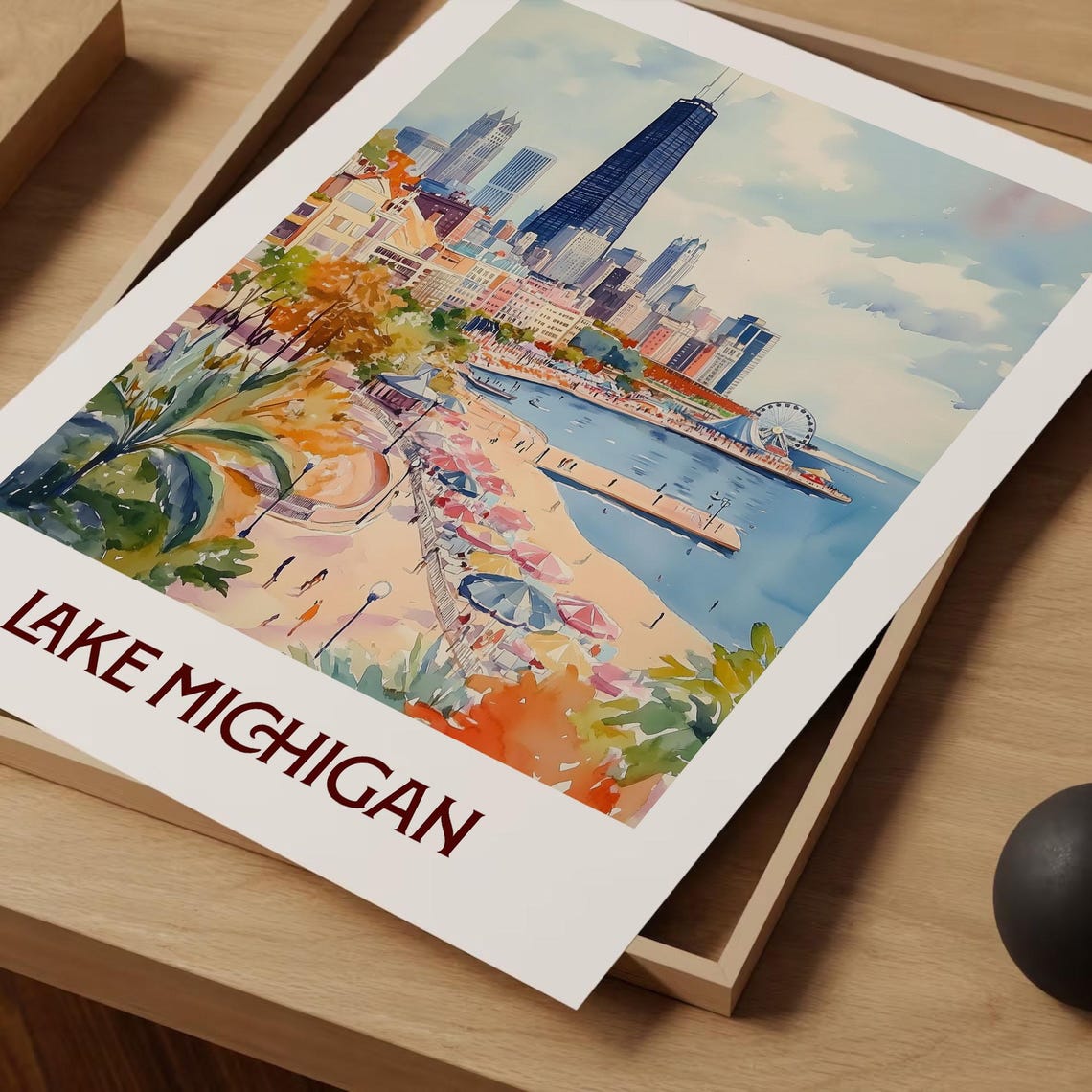 Lake Michigan Chicago Skyline Beach Watercolor Travel Poster - Image 2