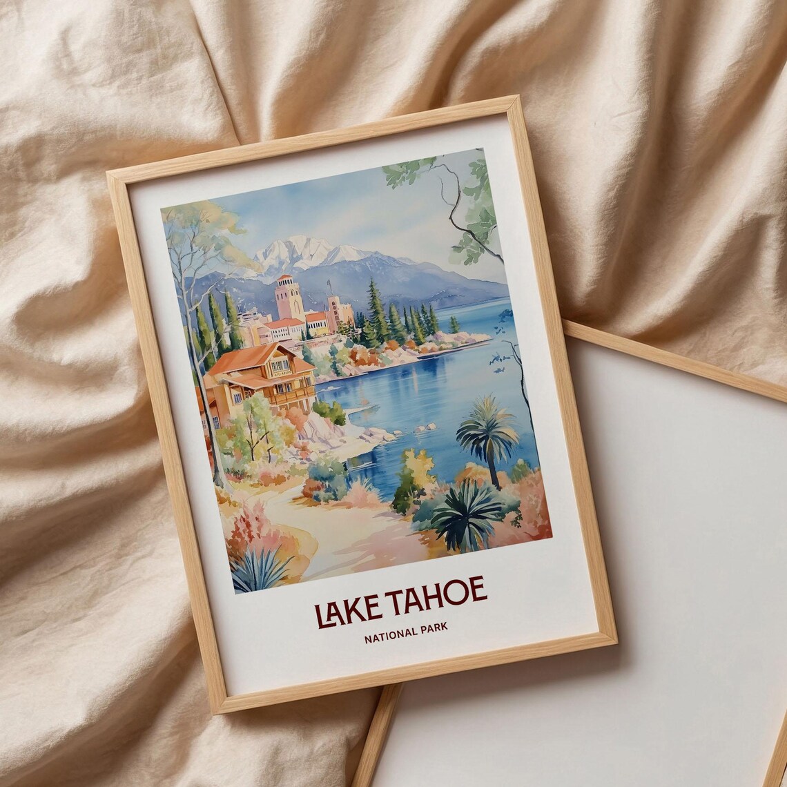 Serene Lake Tahoe Lakeside Lodge Mountain Watercolor Travel Poster - Image 3