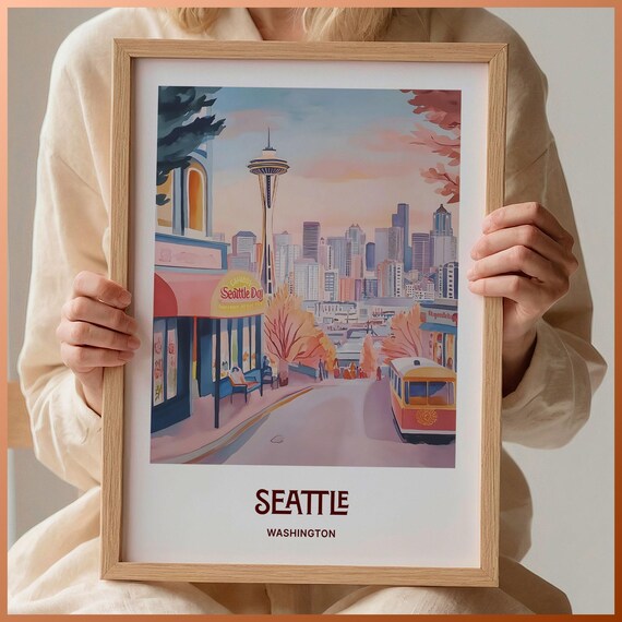 Seattle Washington Space Needle Skyline Trolley Watercolor Travel Poster
