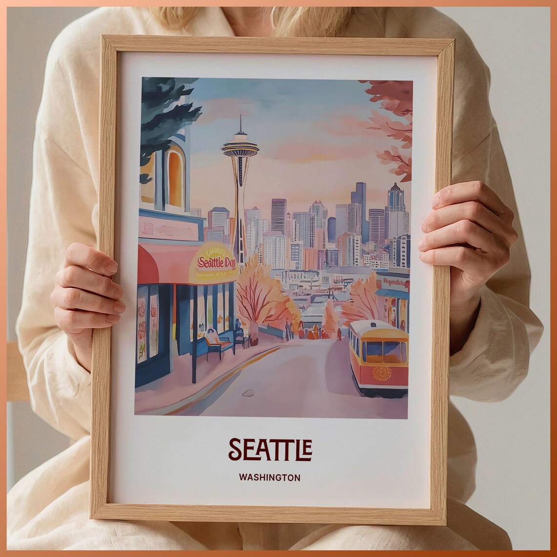 Seattle Washington Space Needle Skyline Trolley Watercolor Travel Poster