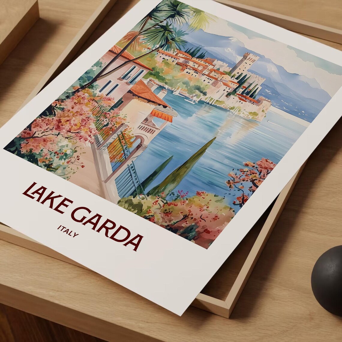 Lake Garda Italy Castle Lakeside Cypress Watercolor Travel Poster - Image 2