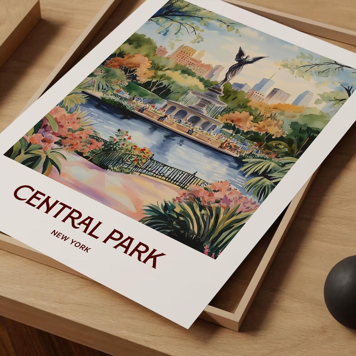 Central Park New York Watercolor Bethesda Fountain Angel Lake Scene Poster - Image 2