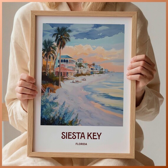 Siesta Key Florida Beach Sunset Watercolor Coastal Travel Poster