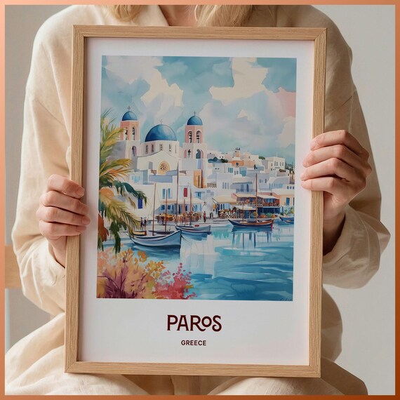 Paros Greece Blue Domed Church Harbor Boats Watercolor Island Poster