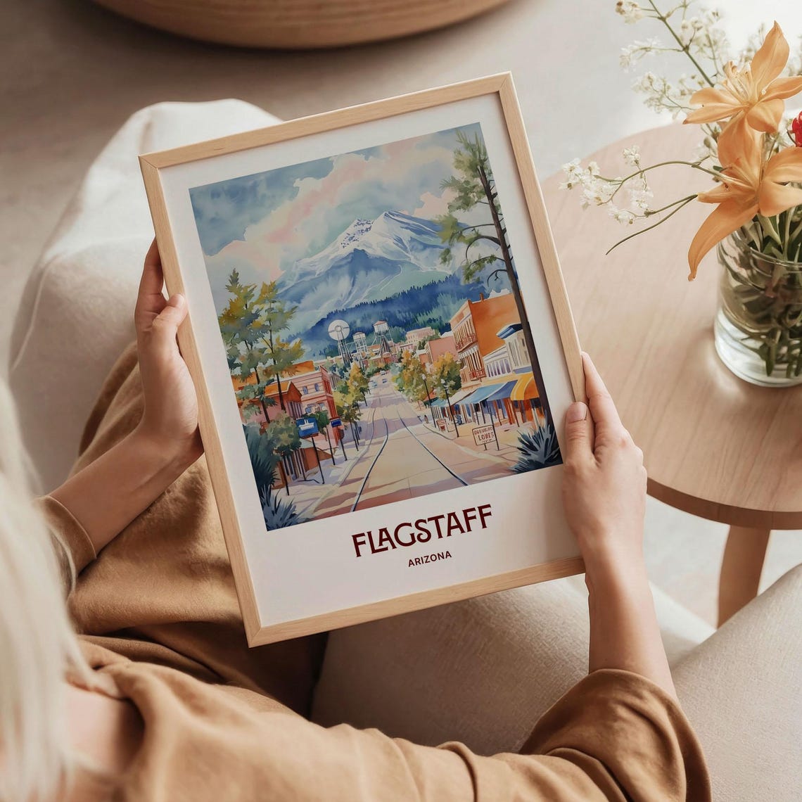 Flagstaff Arizona Historic Downtown Watercolor Poster Peaks View - Image 5