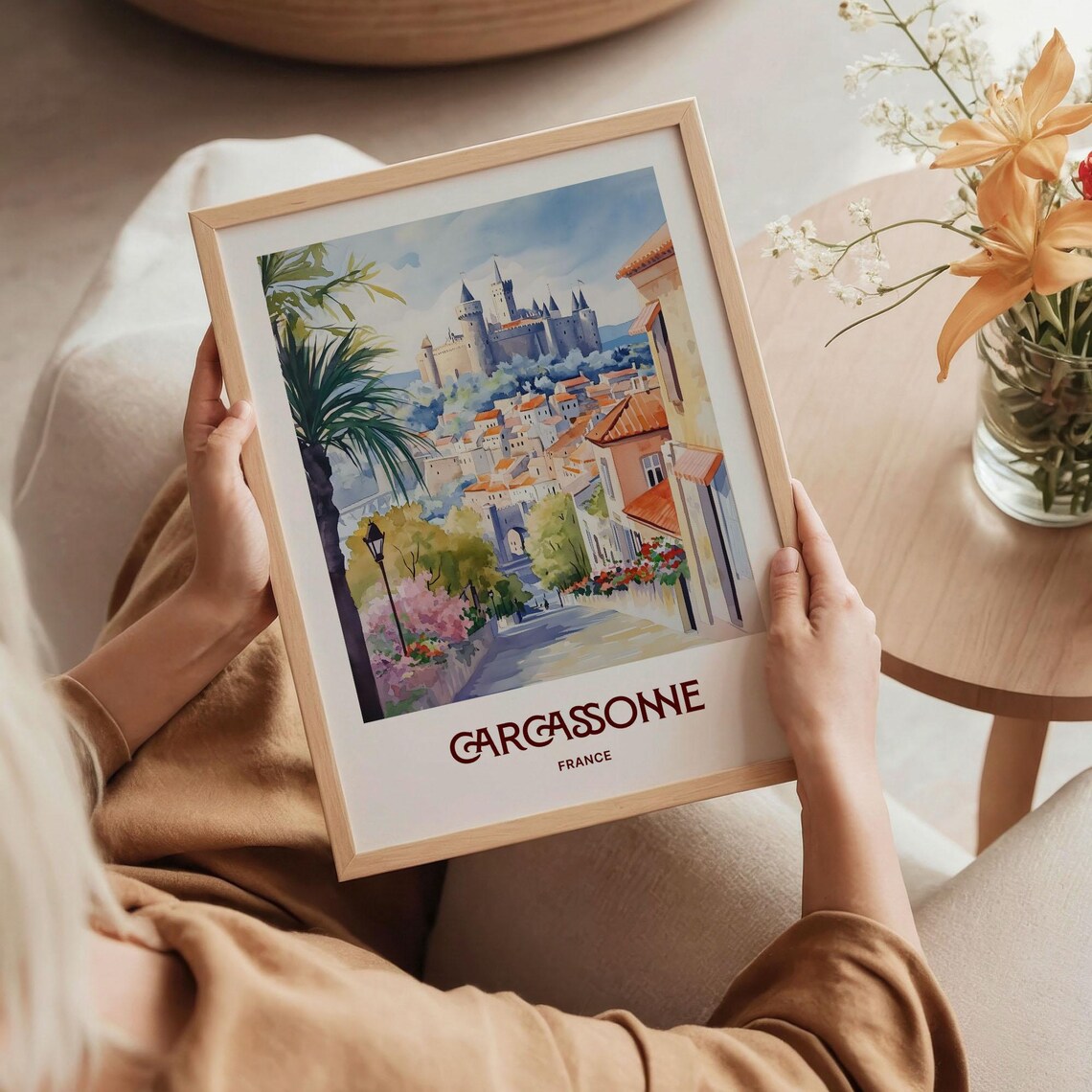 Carcassonne France Watercolor Medieval Castle Old Town Flower Street Poster - Image 5