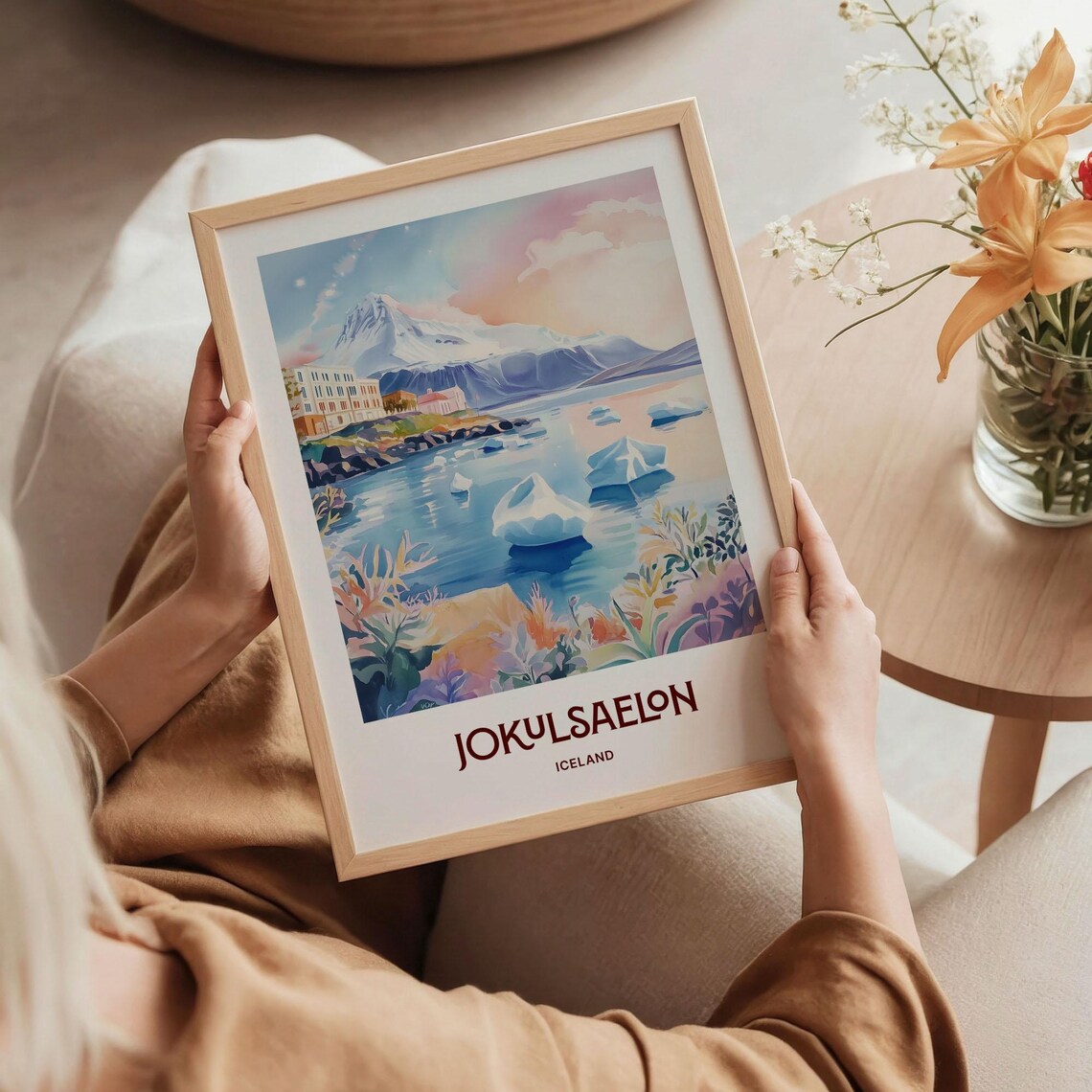 Jokulsaelon Iceland Watercolor Glacial Lagoon Icebergs Mountain View Poster - Image 5