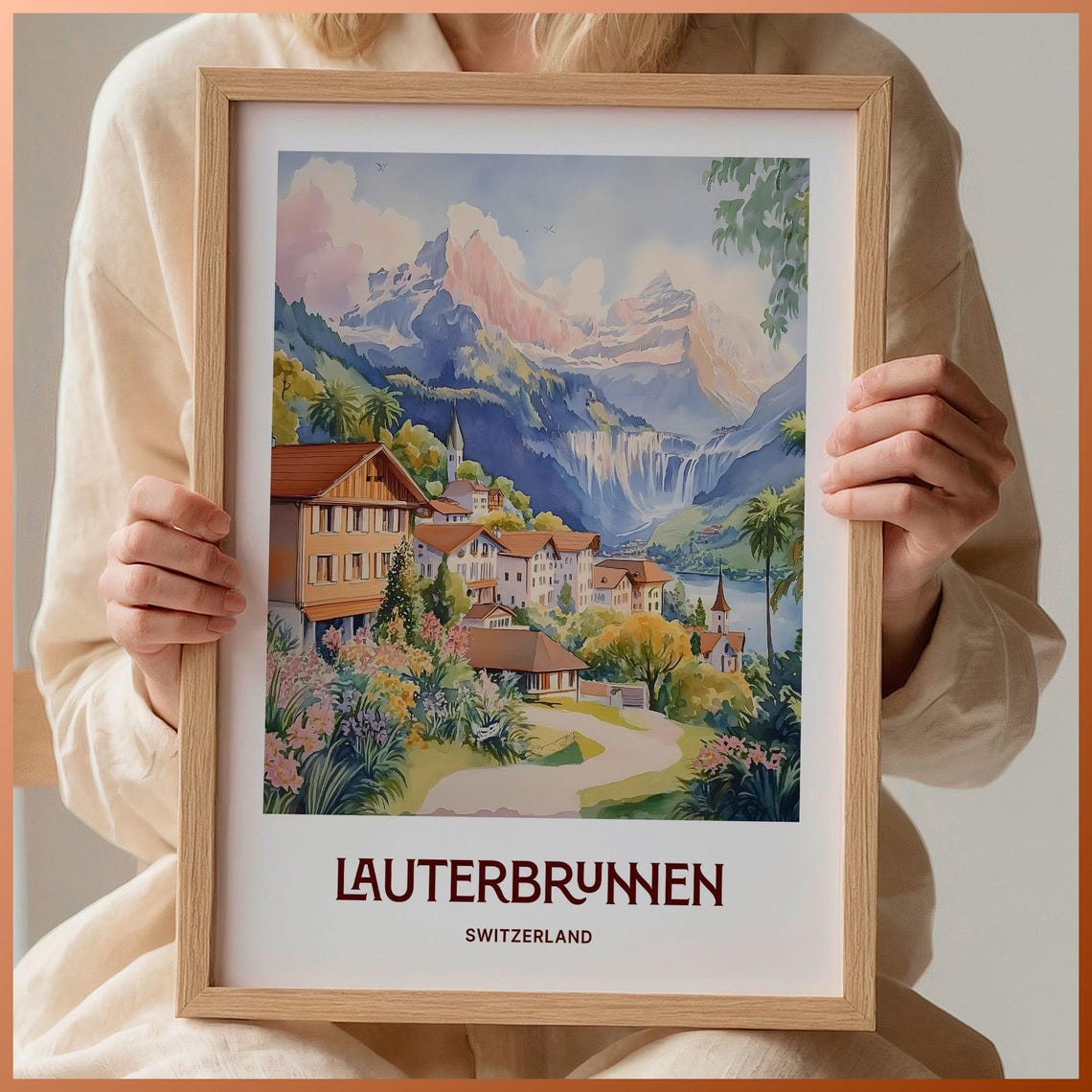 Lauterbrunnen Valley Waterfalls Switzerland Alpine Watercolor Poster