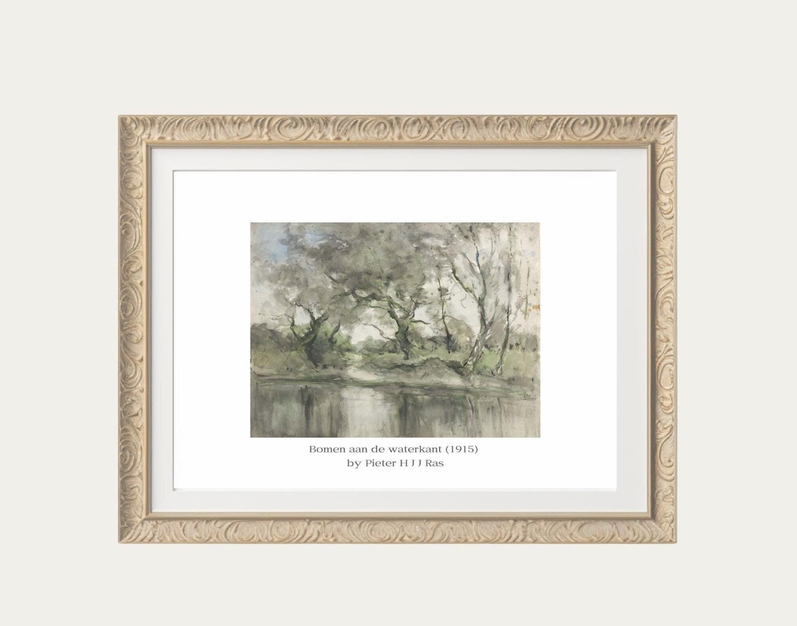 Vintage Landscape Painting, Tree Pond Art Print