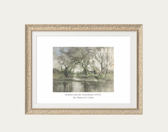 Vintage Landscape Painting, Tree Pond Art Print
