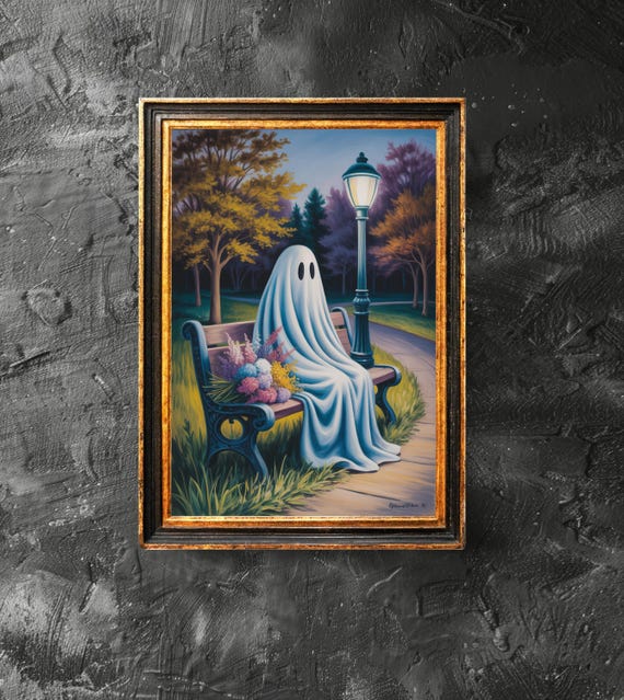 With Flowers On The Bench Poster Spooky Wall Art Vintage Painting Halloween