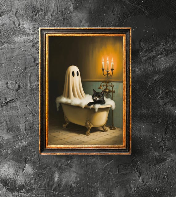 Cat In Bathtub Poster Spooky Bubblebath Art Retro Halloween Print Bathroom Decor
