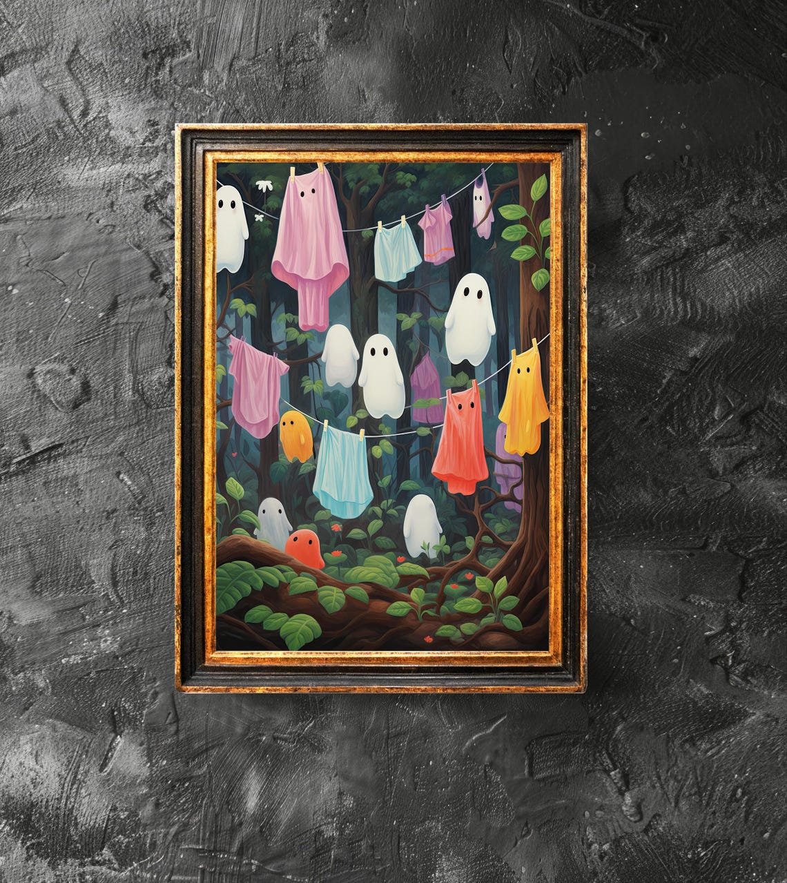 Cute Ghosts Hanging Laundry Halloween Spooky Forest Decor Poster