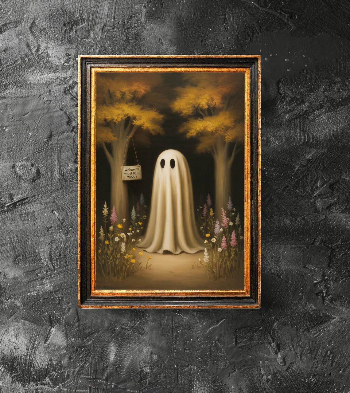 Cute Ghost in Flower Forest Whispering Woods Halloween Poster