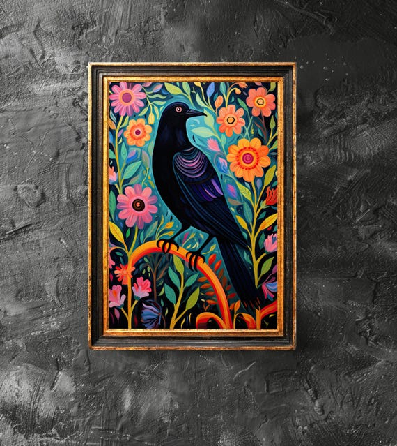Black Crow With Flowers Art Lover Gift Gothic Victorian Dark Academia Vintage Poster