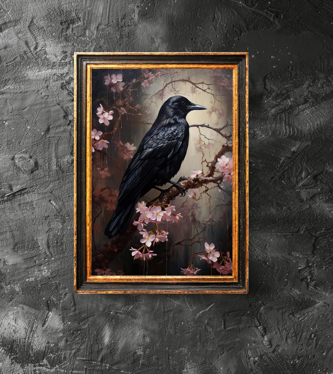 Black Crow Perched on Cherry Blossom Branch Elegant Dark Bird Art Poster