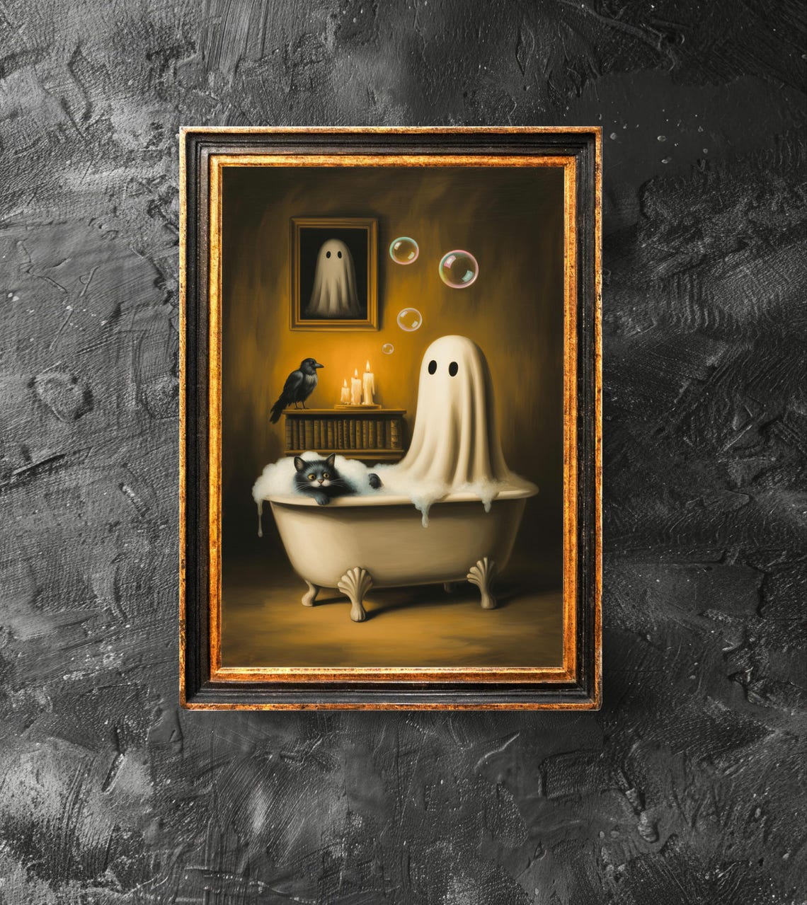 Cat In Bathtub Poster Spooky Bubblebath Art Retro Halloween Print Bathroom Decor