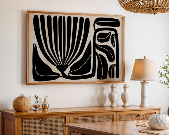 Black Abstract Botanical Wall Art Print Modern Minimalist Flower Poster Bold Line For Boho Japandi Neutral Decor Style Folk