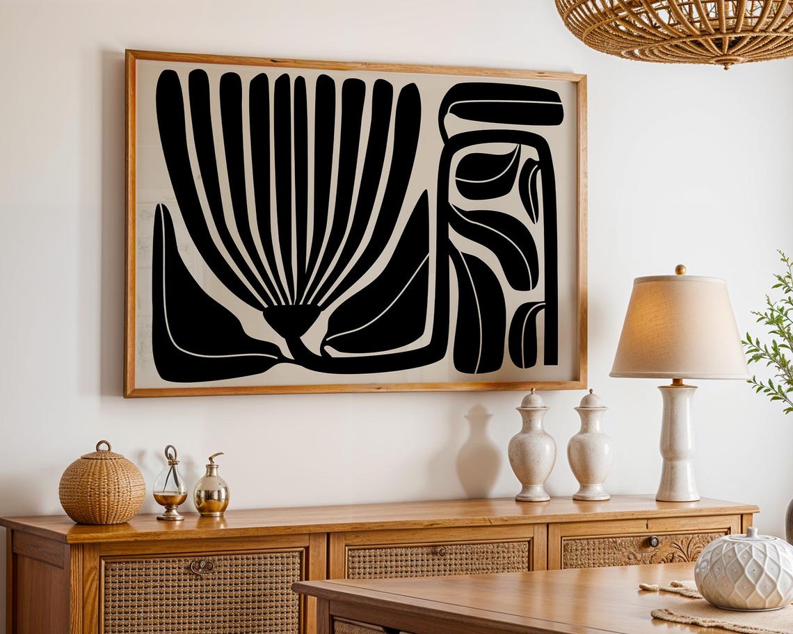 Black Abstract Botanical Wall Art Print Modern Minimalist Flower Poster Bold Line For Boho Japandi Neutral Decor Style Folk