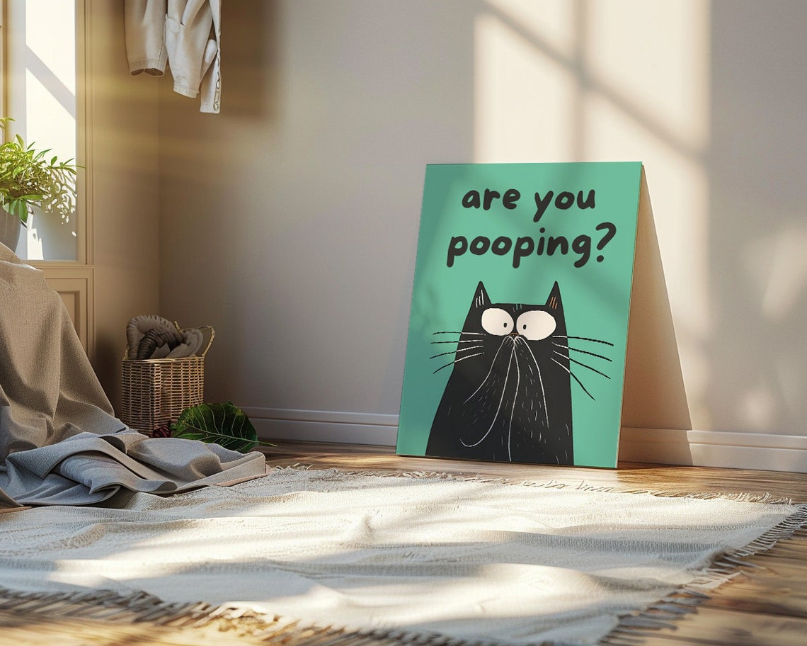 Are You Pooping Funny Black Cat Wide Eyes Teal Quote Art Poster - Image 2