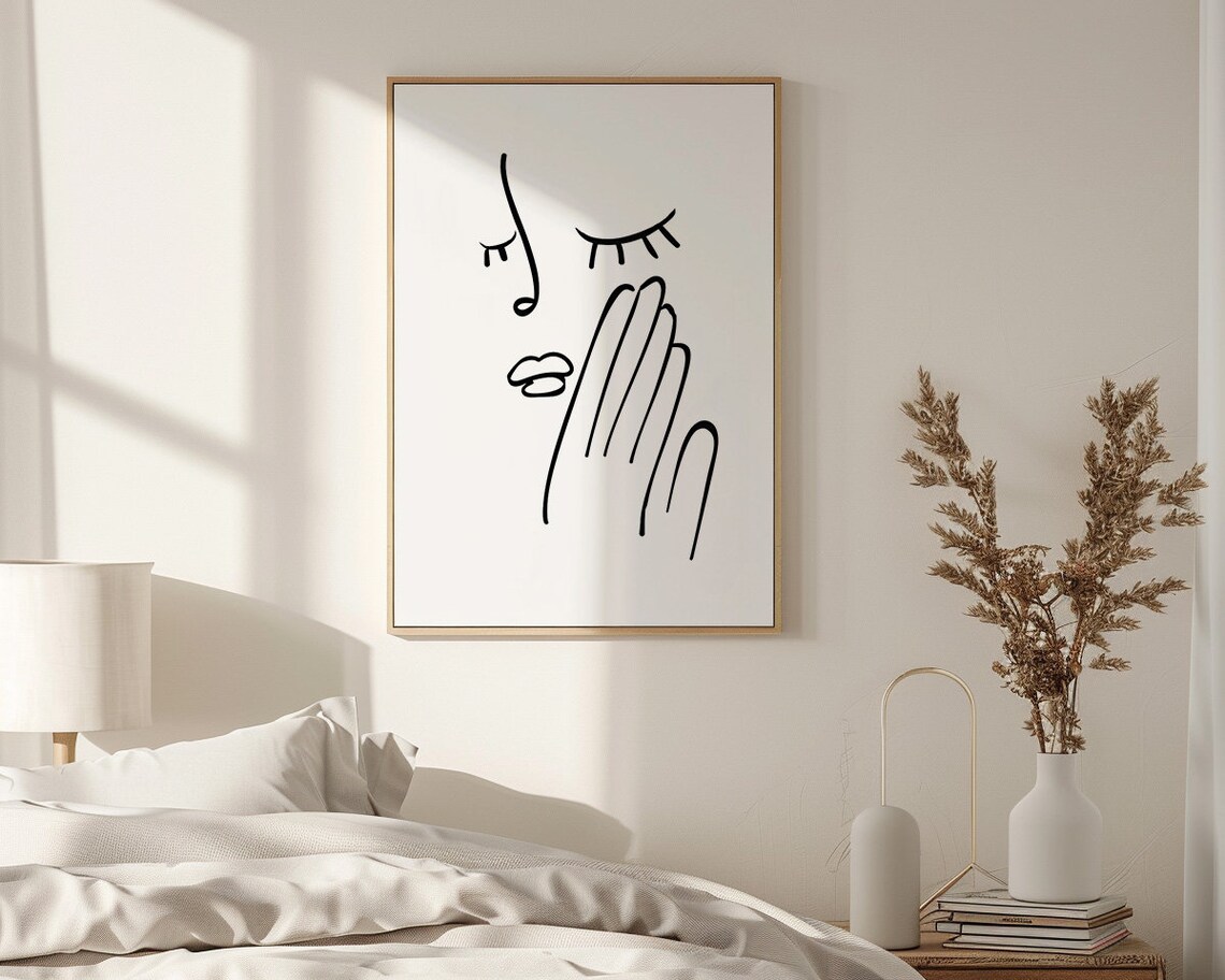 Minimalist Line Art Woman Face With Hand Covering Mouth Poster - Image 3
