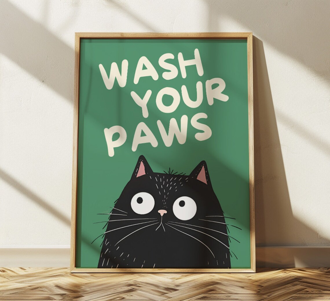 Black Cat Wash Your Paws Bathroom Vintage Poster