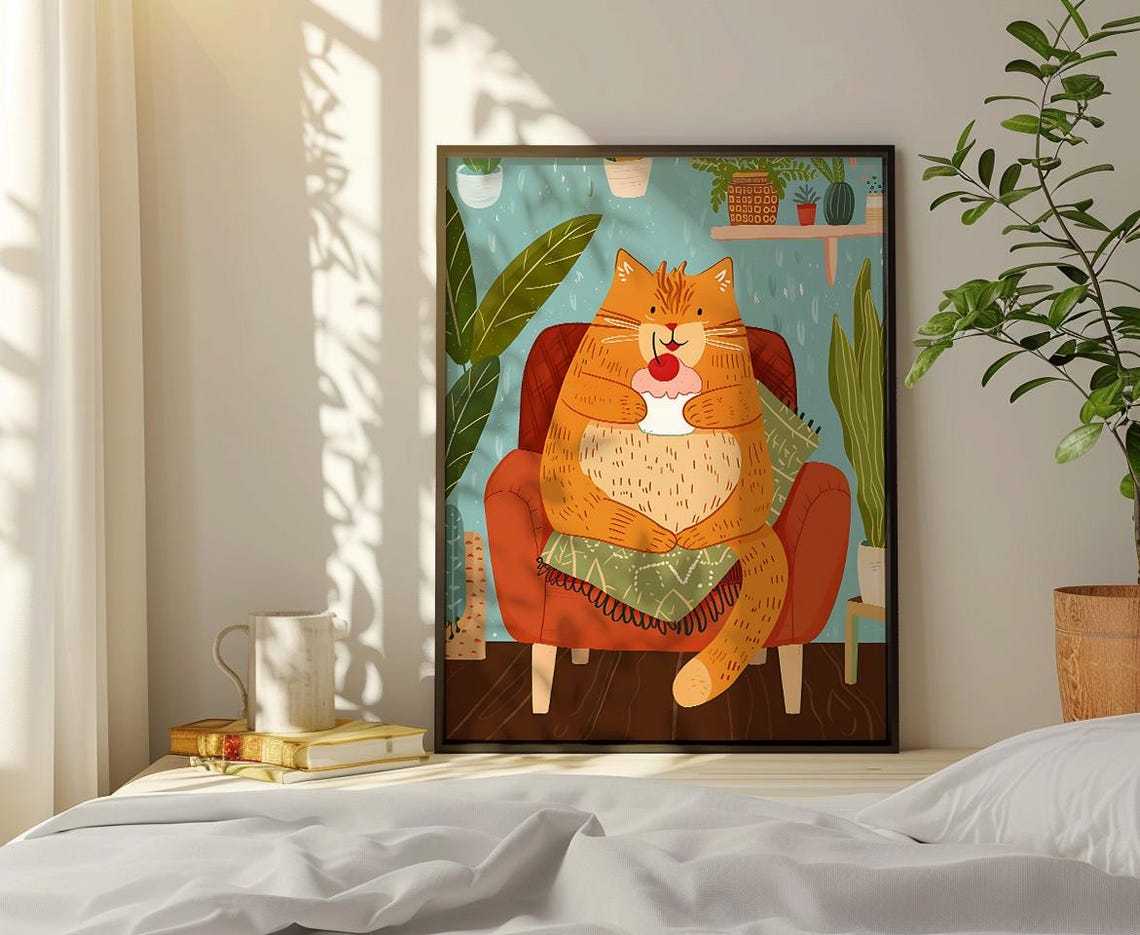 Chubby Orange Cat Eating Ice Cream Sundae On Red Armchair Poster - Image 2