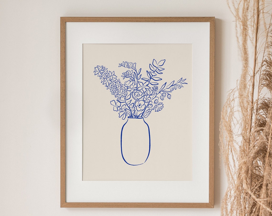 Blue Ink Flower Bouquet Vase Minimalist Line Drawing Botanical Poster - Image 3