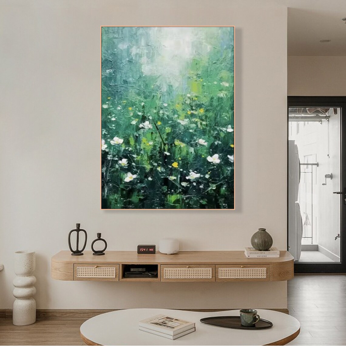 Spring Meadow Misty Green Oil Painting White Wildflowers Impressionist Art Poster - Image 3