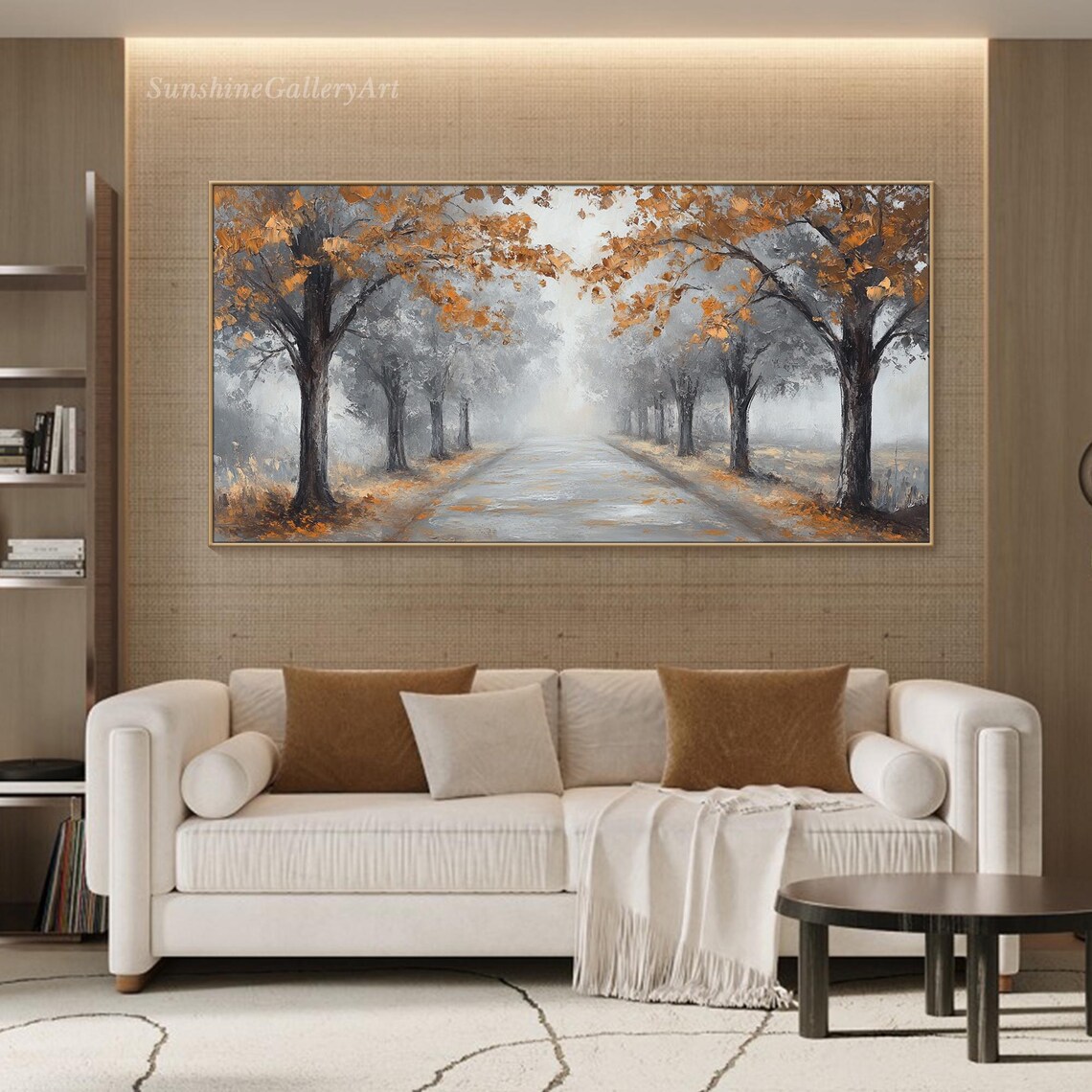 Misty Autumn Avenue Oil Painting Foggy Gray Road Golden Trees Fall Landscape Poster - Image 3