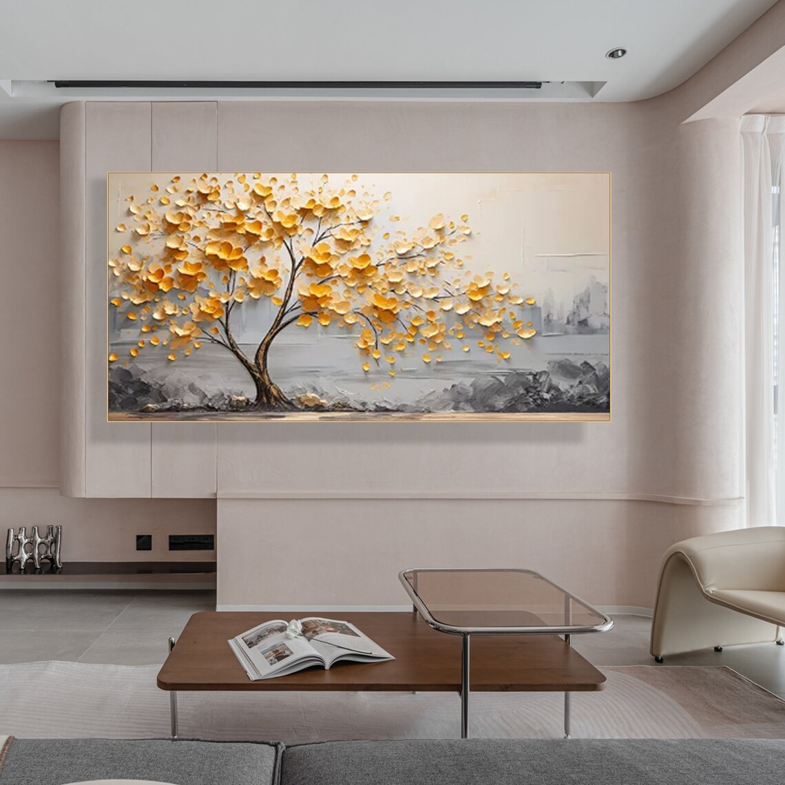 Golden Tree Textured Oil Painting with Falling Leaves on Gray Background Poster - Image 2