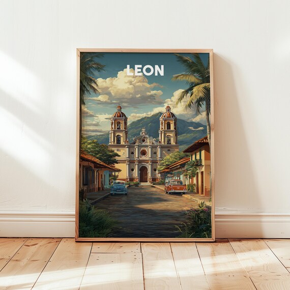 Leon Nicaragua Vintage Travel Poster Colonial Cathedral Street Art