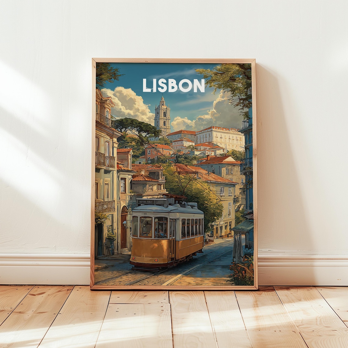 Lisbon Tram Cobblestone Street Church Tower Portugal Travel Poster Art