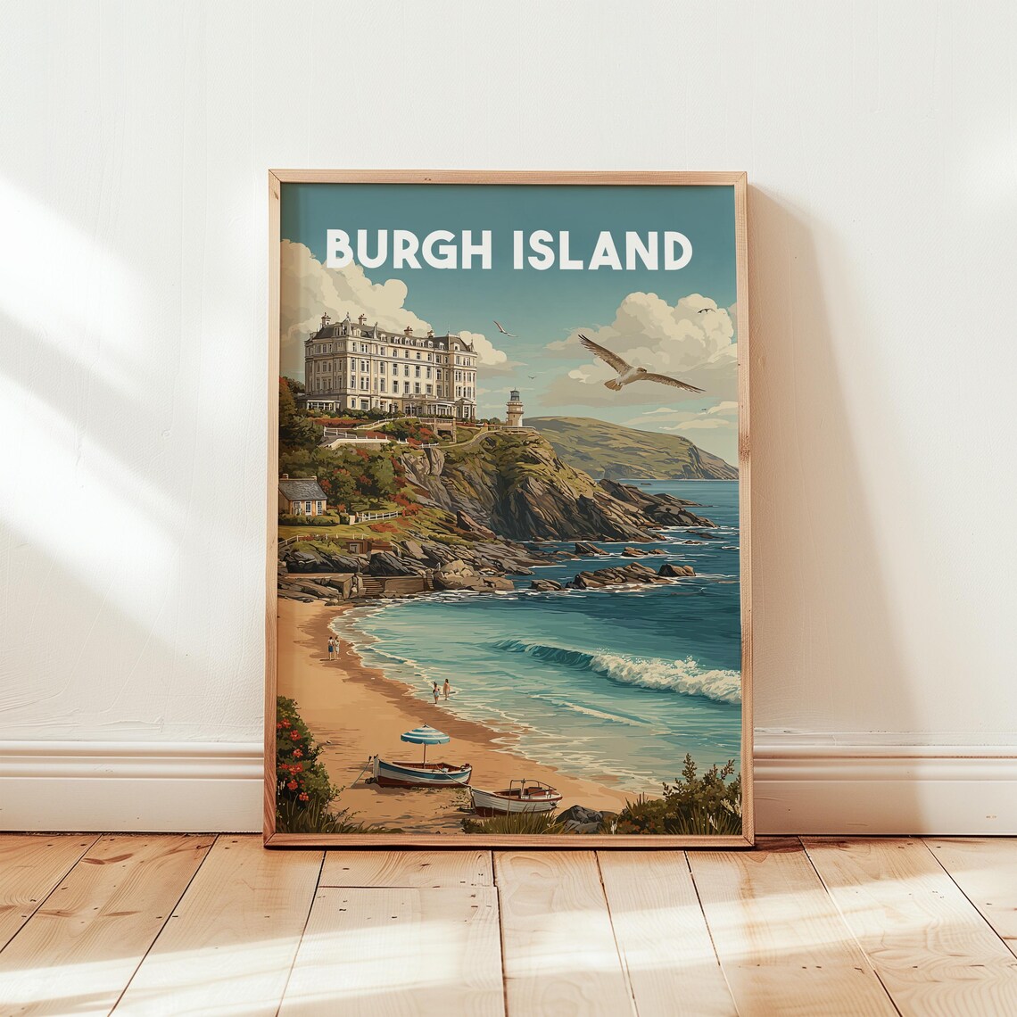 Vintage Burgh Island Seaside Travel Poster With Hotel and Beach