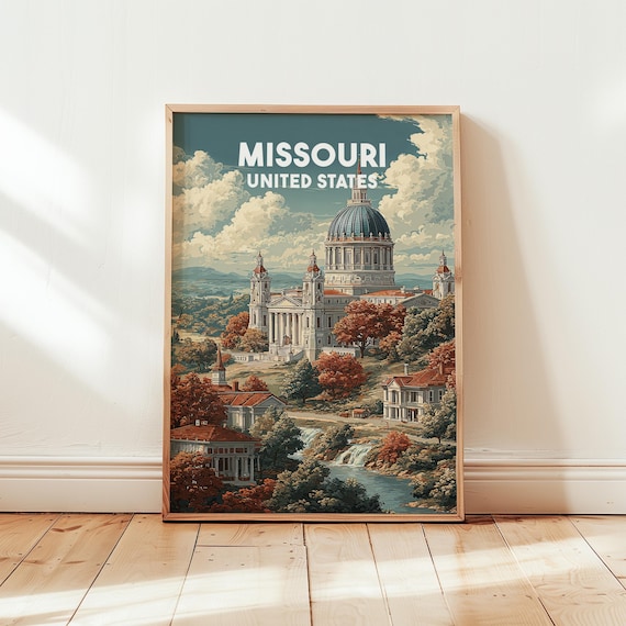 Missouri United States Capitol Dome Fall Trees Retro Travel Poster