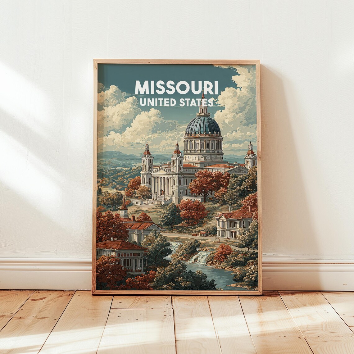 Missouri United States Capitol Dome Fall Trees Retro Travel Poster