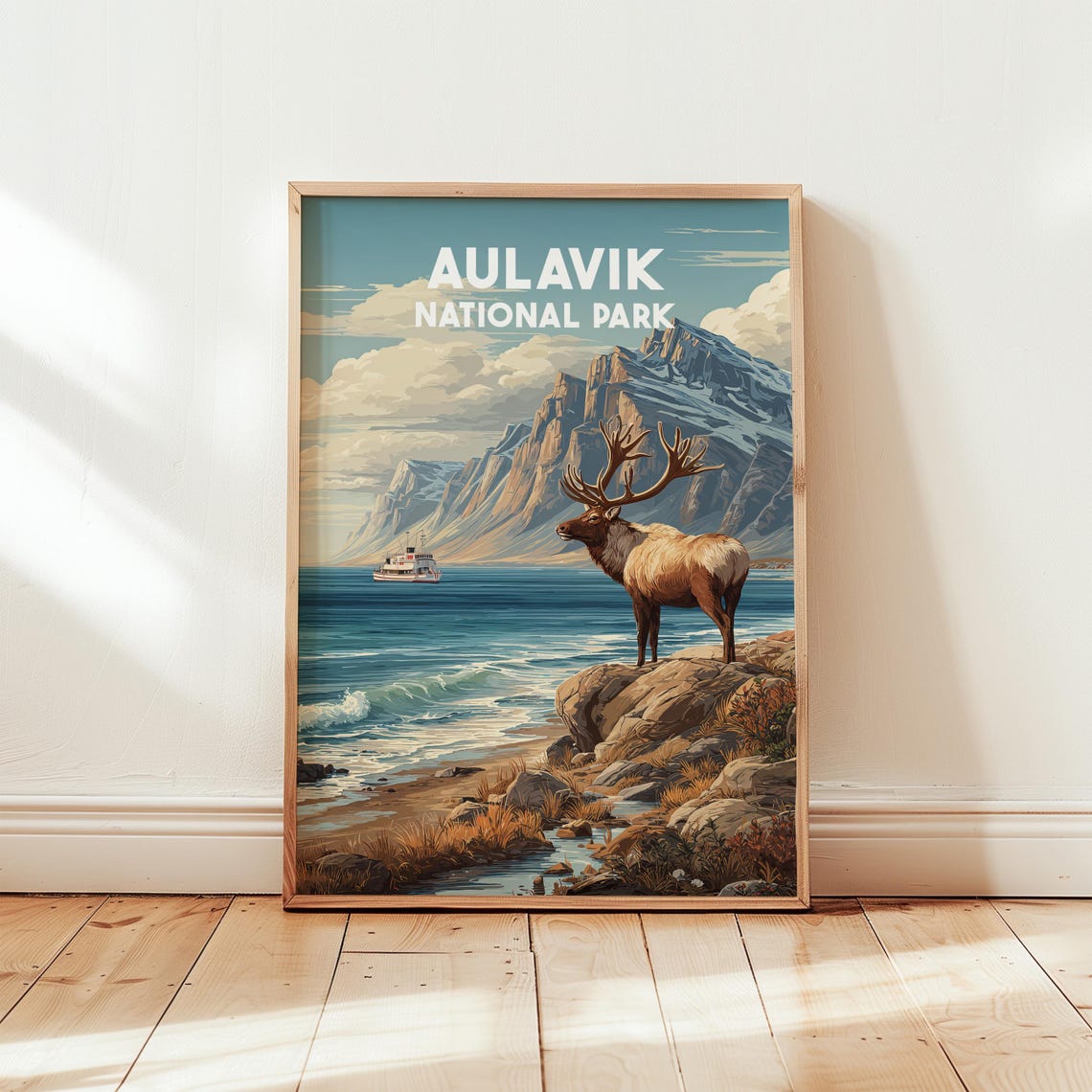 Aulavik National Park Canada Bull Elk Shore Retro Wilderness Poster