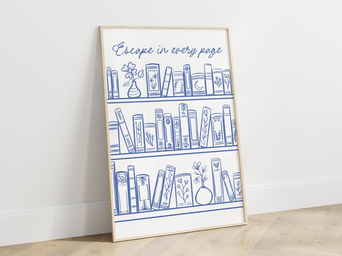 Escape in Every Page Blue Bookshelf Library Line Art Wall Poster - Image 4