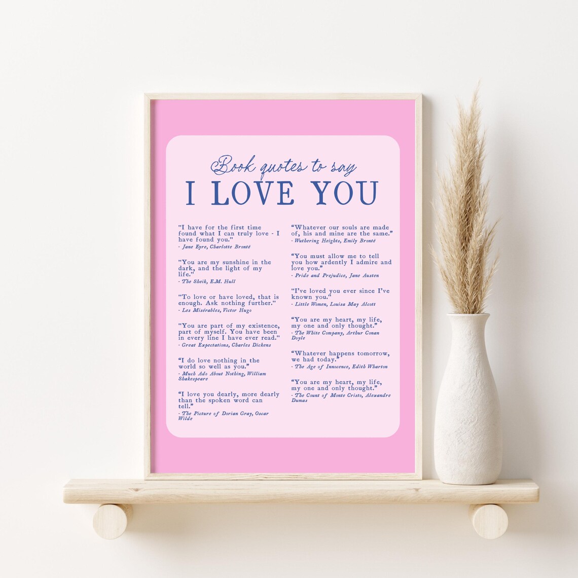 Book Quotes to Say I Love You Pink Classic Literature Poster
