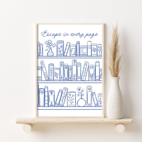 Escape in Every Page Blue Bookshelf Library Line Art Wall Poster